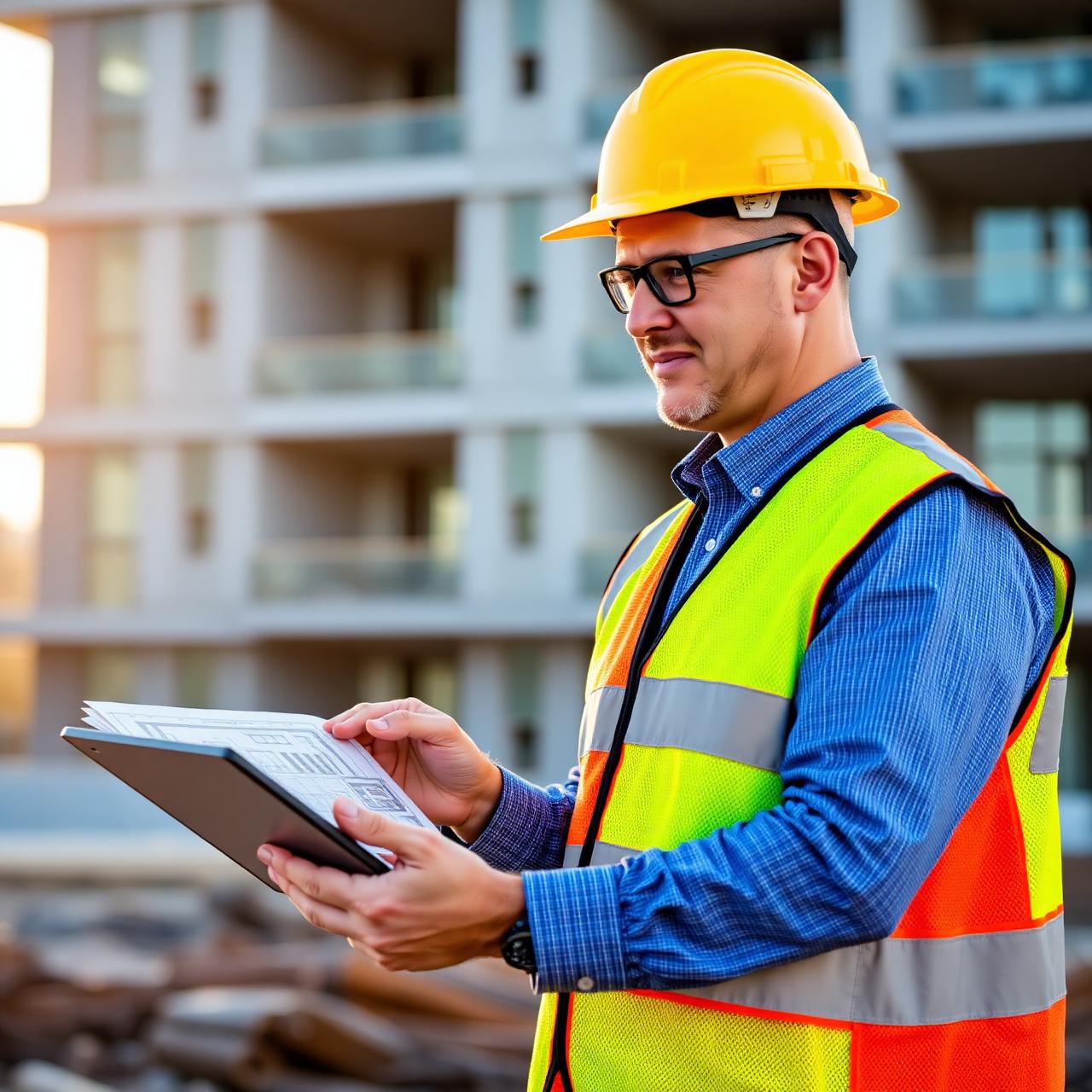 Haarth site manager reviewing plans on a UK construction site